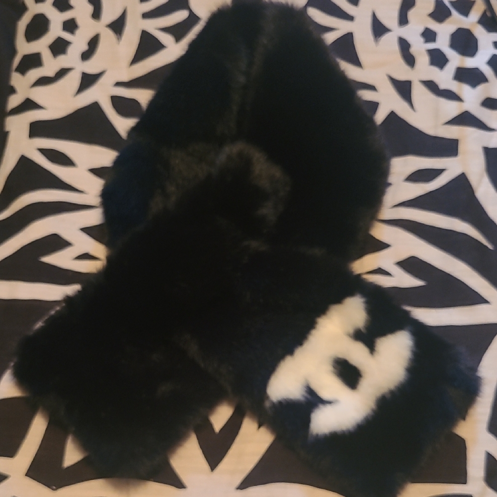 Chanel Black Rabbit Fur Scarf with White Logo